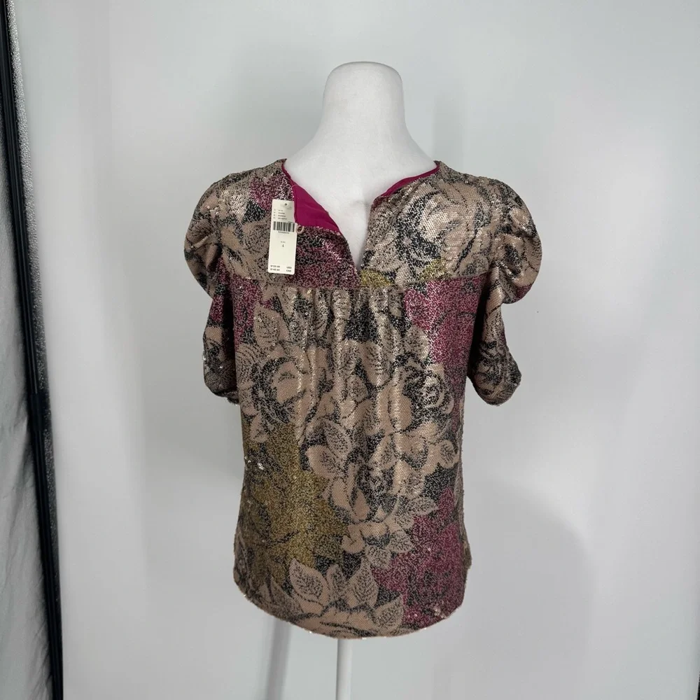 NWT Anthropologie Sequin Floral Puff Sleeve Top